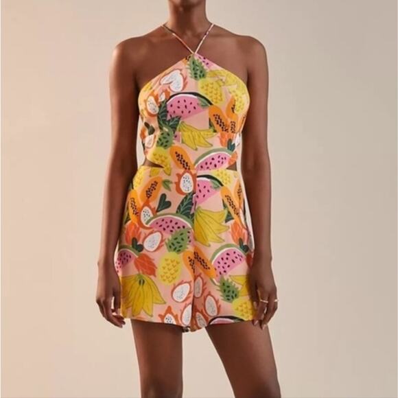 Anthropologie Hutch Orange Yellow Pink Mixed Fruit Halter Romper NWT Size 4 - Picture 2 of 16